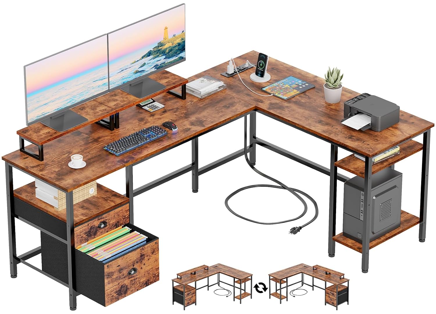 Office Furniture Outlet - L Desk with Power Outlet, File